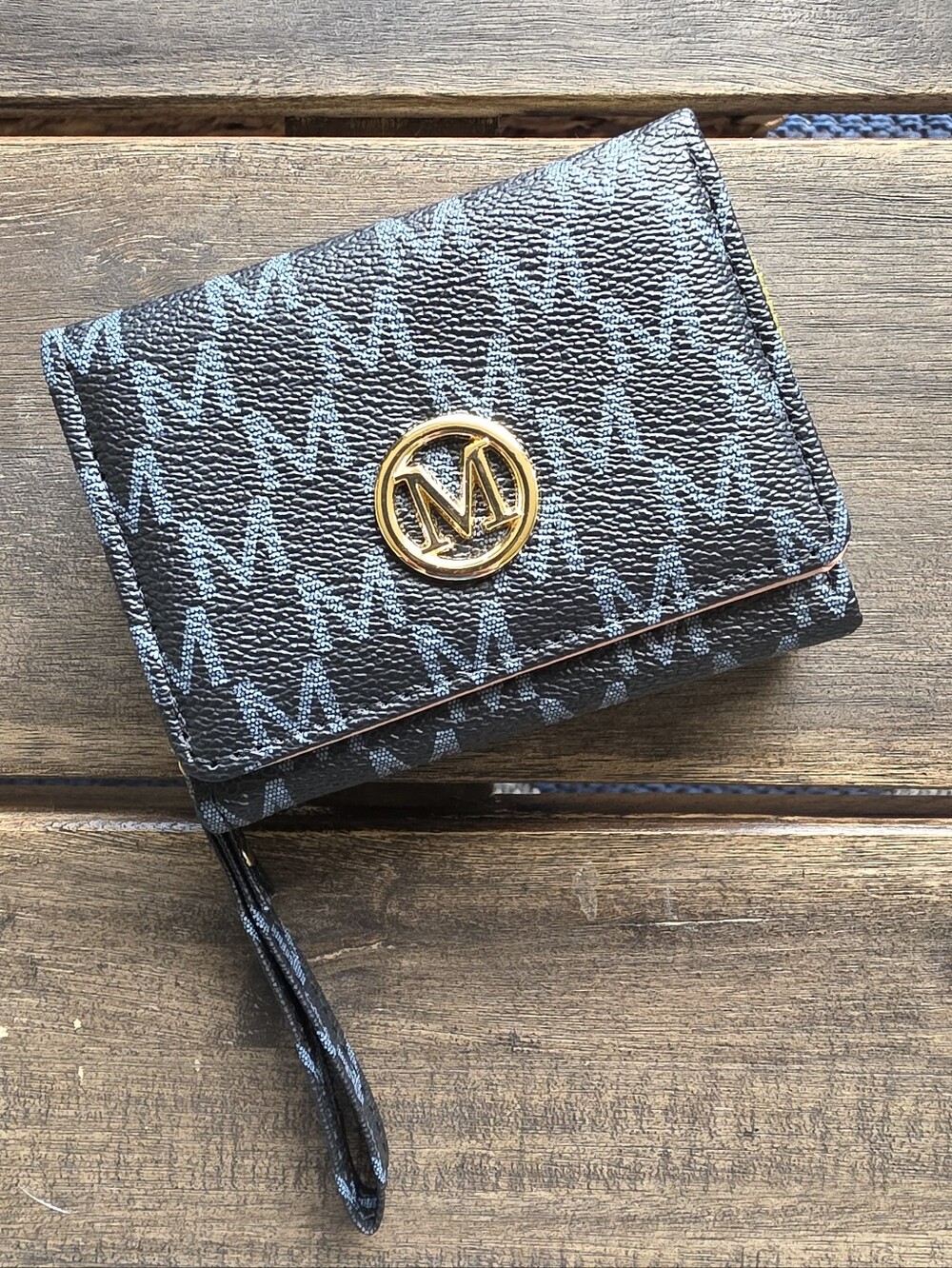 NWOT Black M Monogram Trifold Wallet with Gold Logo Accent